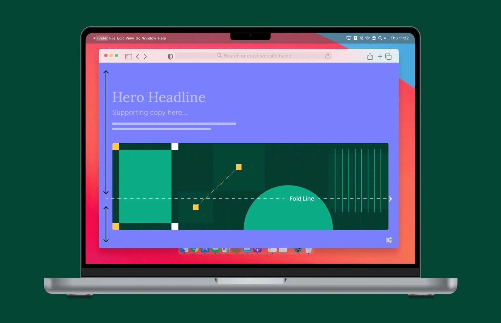 A landing page on a laptop, with the fold line marked across the hero section