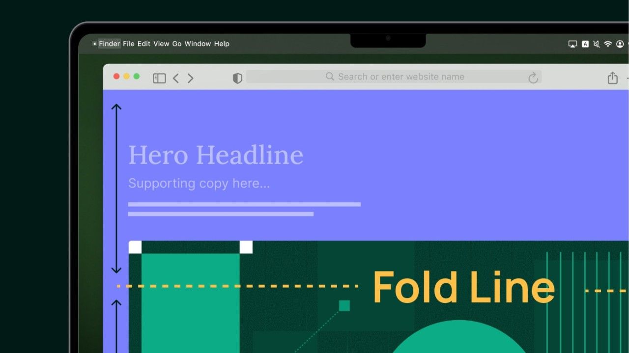 A website on a laptop screen with a dashed “Fold Line” across the hero