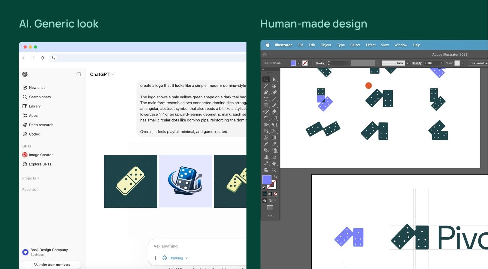 AI’s generic output beside human-made design for the same brief