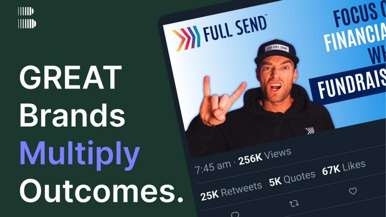 “Great Brands Multiply Outcomes.” beside a Full Send Finance social post