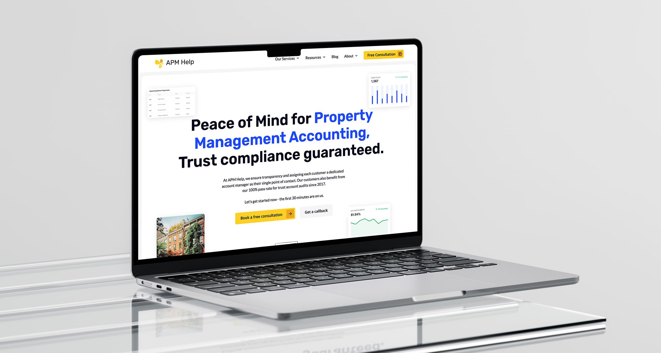APM Help home page on a laptop: “Peace of Mind for Property Management Accounting.”