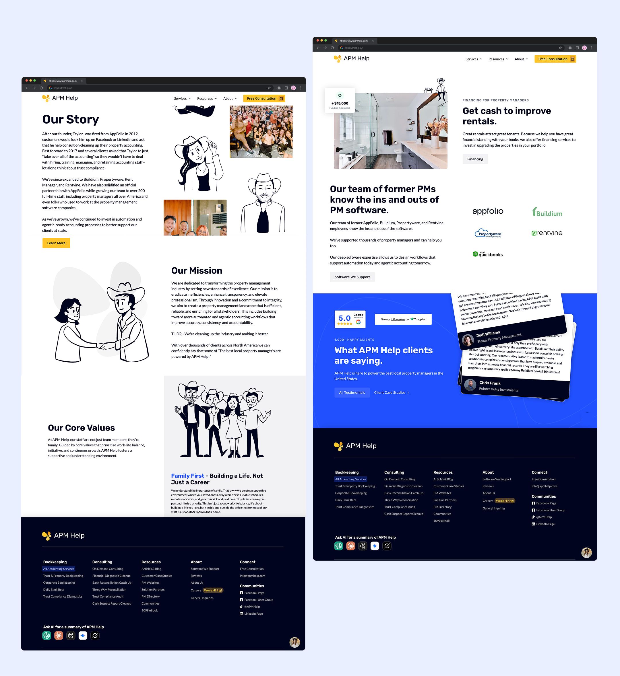 APM Help website pages: Our Story and a services page