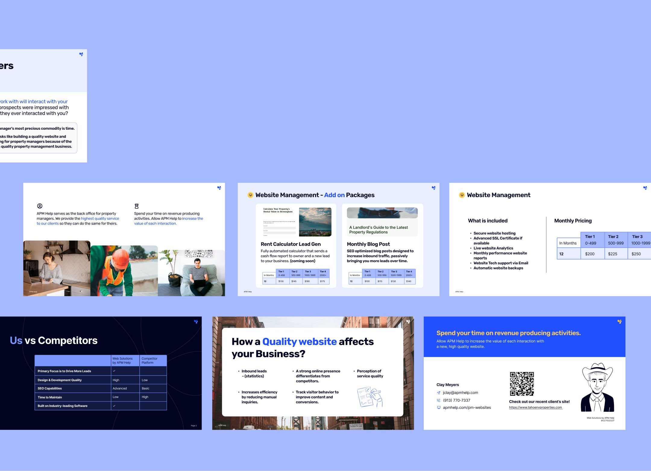APM Help sales slides for its web solutions on a light blue background
