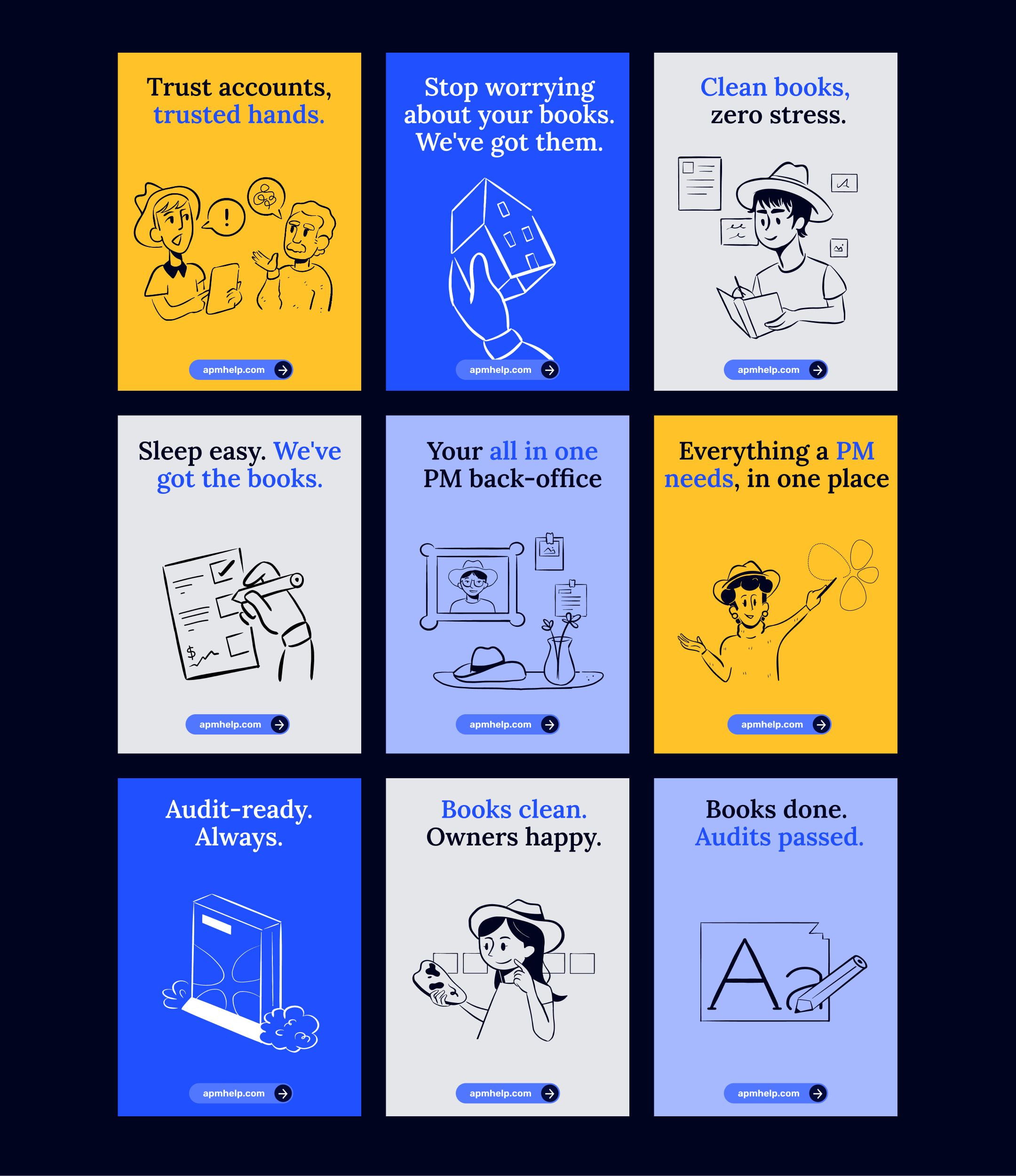 Nine APM Help service cards with hand-drawn illustrations in yellow, blue and white