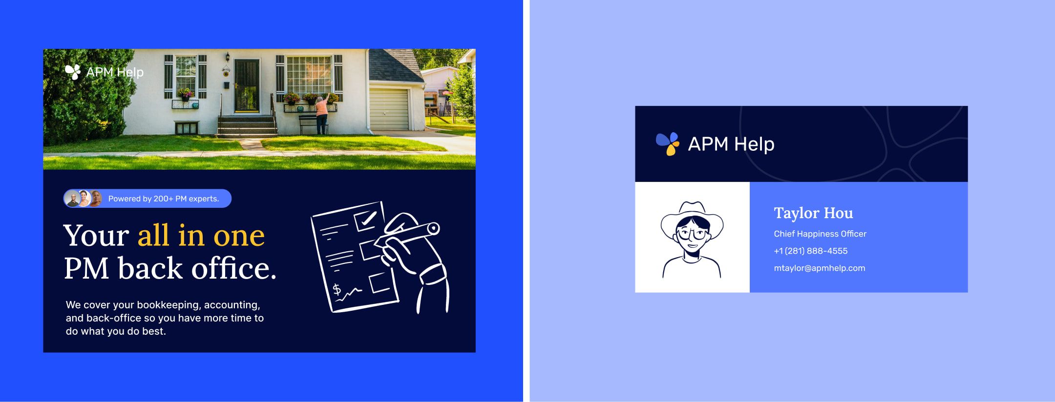 APM Help social post “Your all in one PM back office.” and a team member card