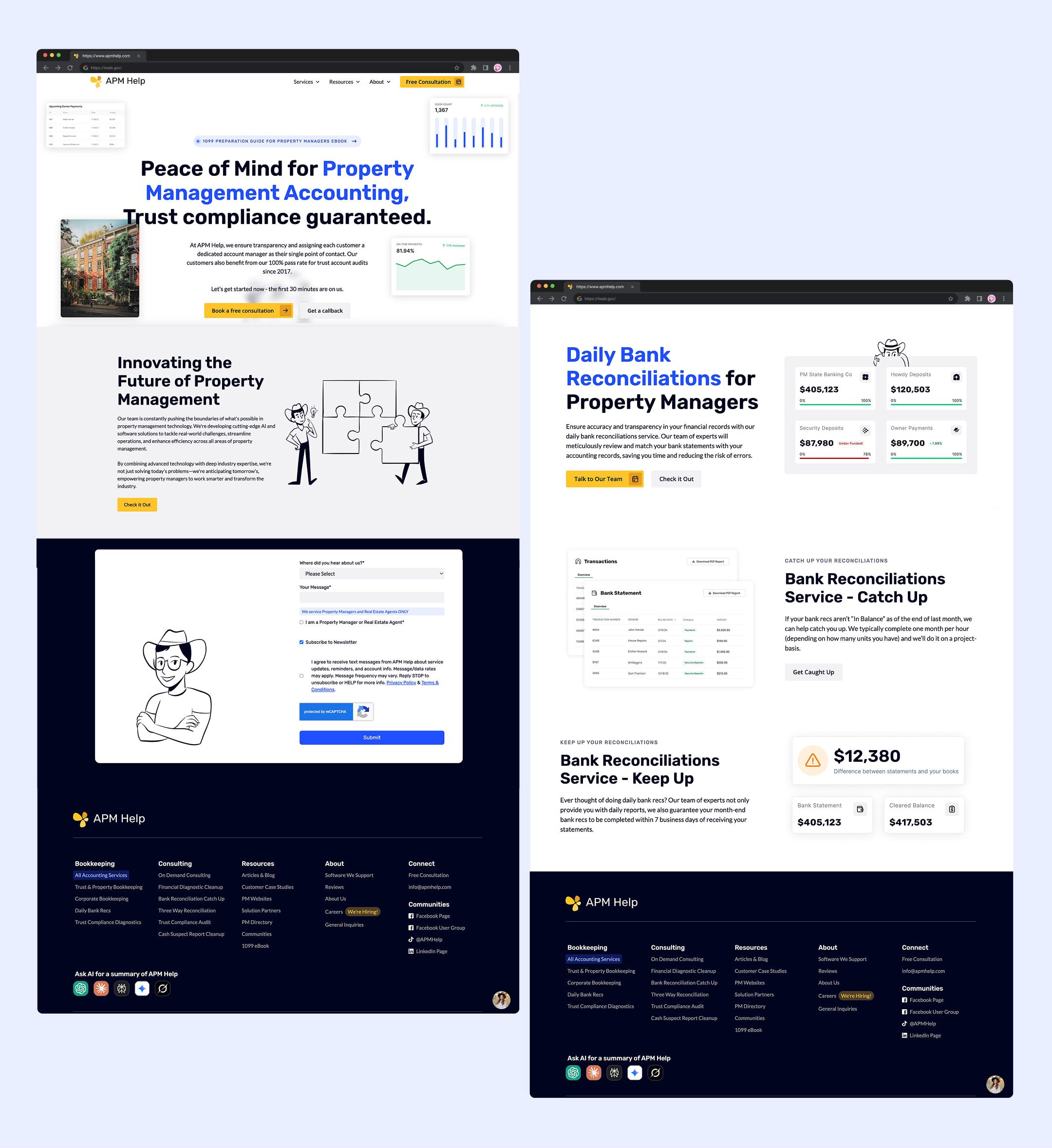 APM Help website pages: the home page and a bank reconciliation service page