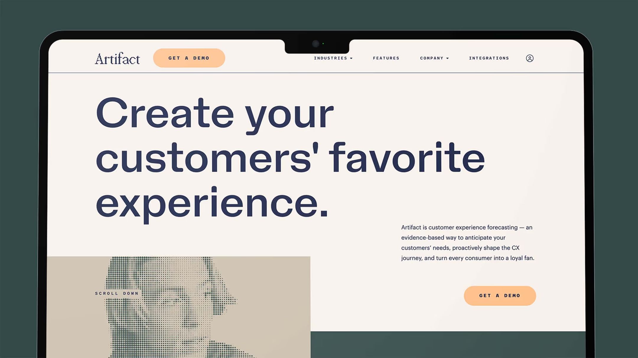 Artifact customer experience platform homepage on a laptop