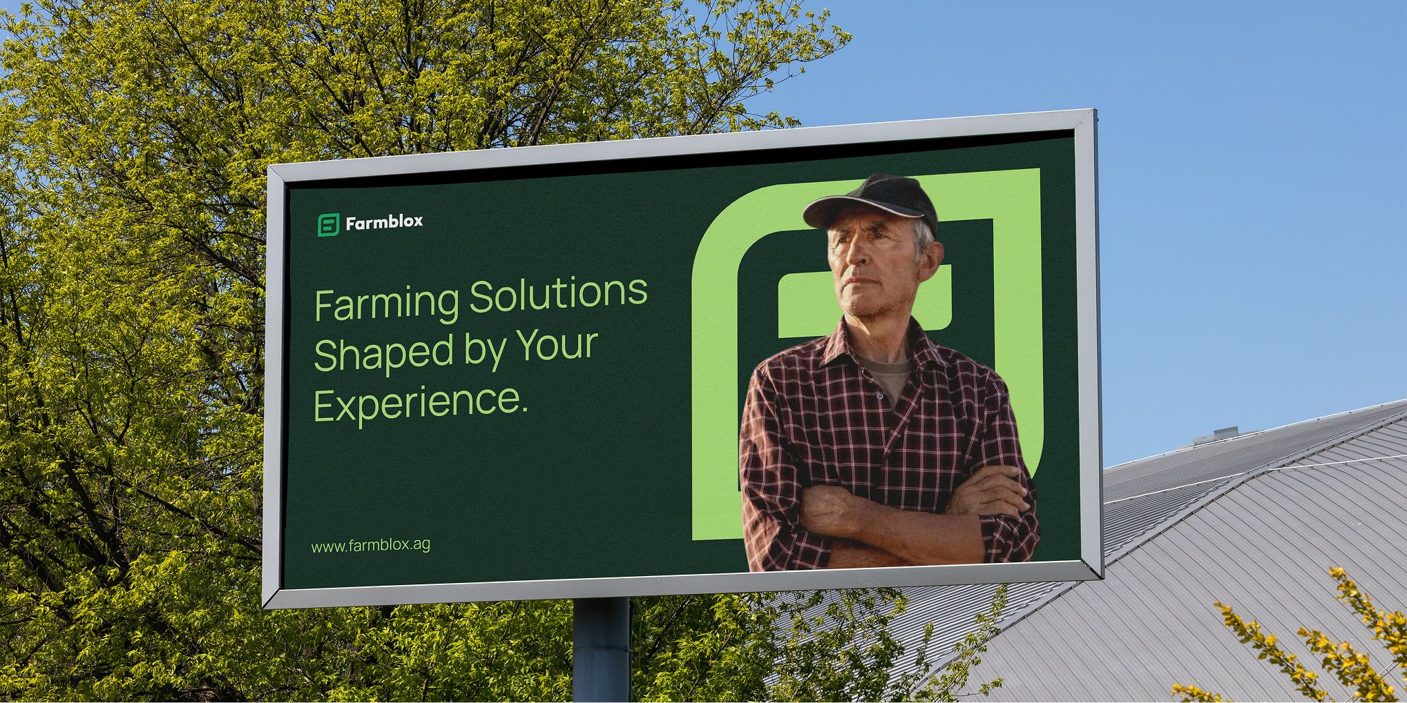 Farmblox campaign billboard: “Farming Solutions Shaped by Your Experience.”