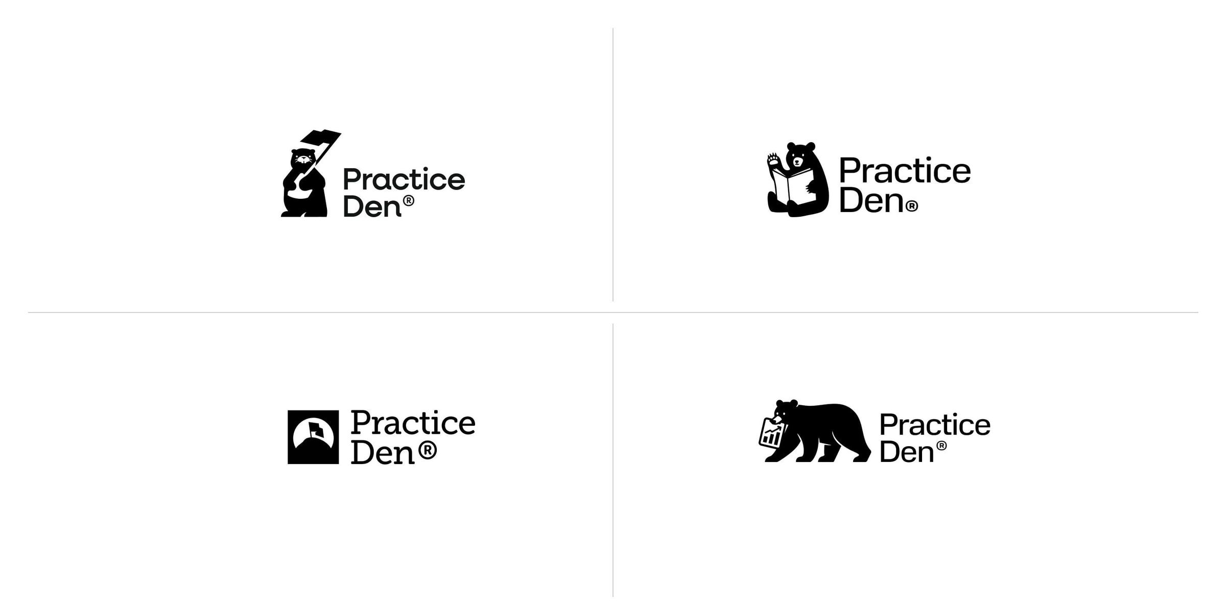 Four early PracticeDen logo concepts in black