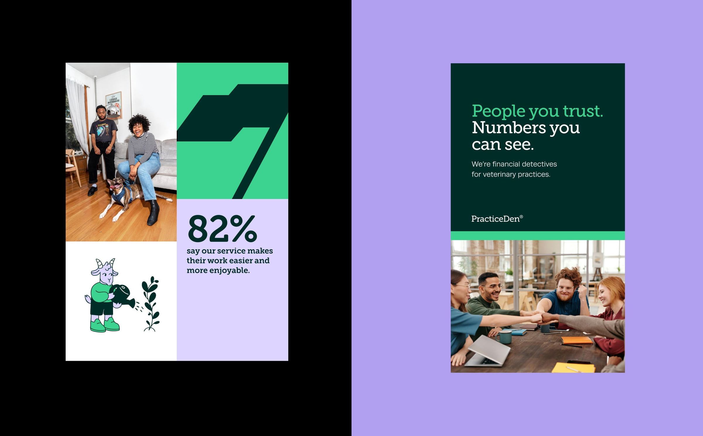 PracticeDen social posts: a client with her dogs, and “82%”