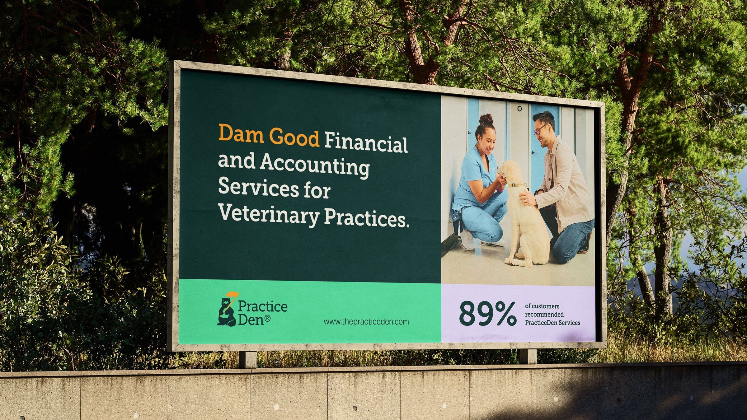 PracticeDen billboard: “Dam Good Financial and Accounting Services for Veterinary Practices.”