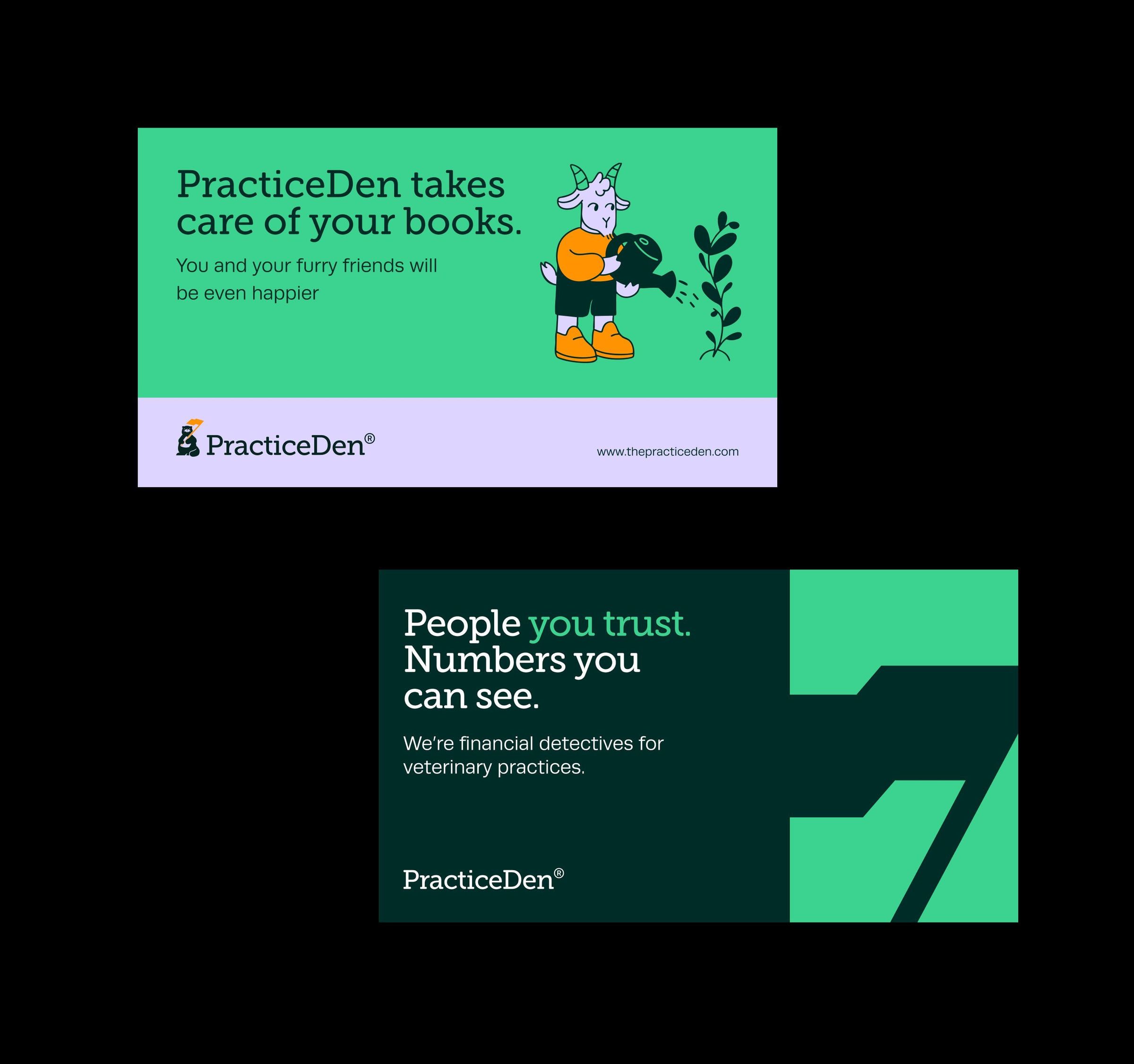 PracticeDen ads in green and dark green