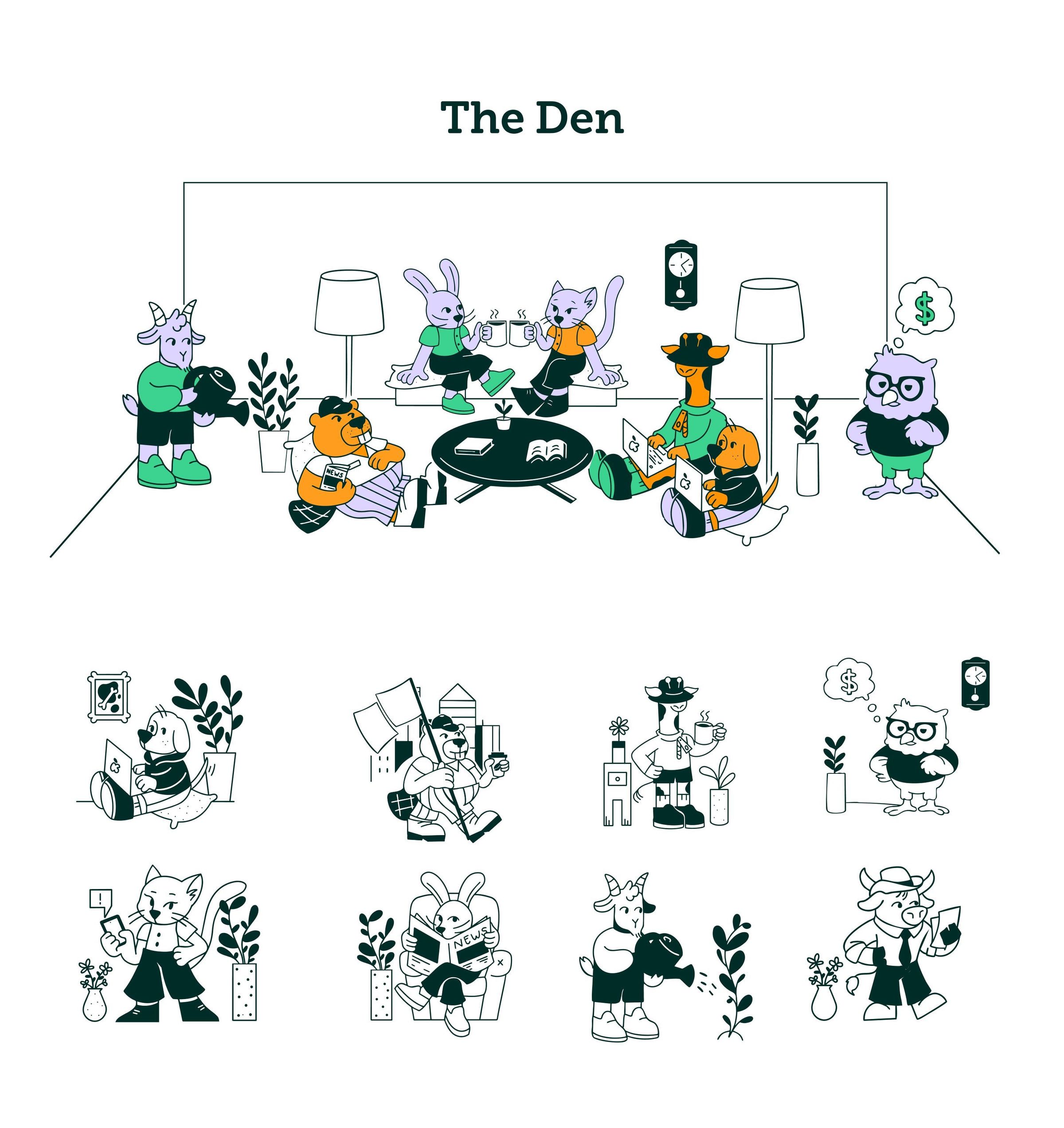 PracticeDen illustrations: animals at work in “The Den”