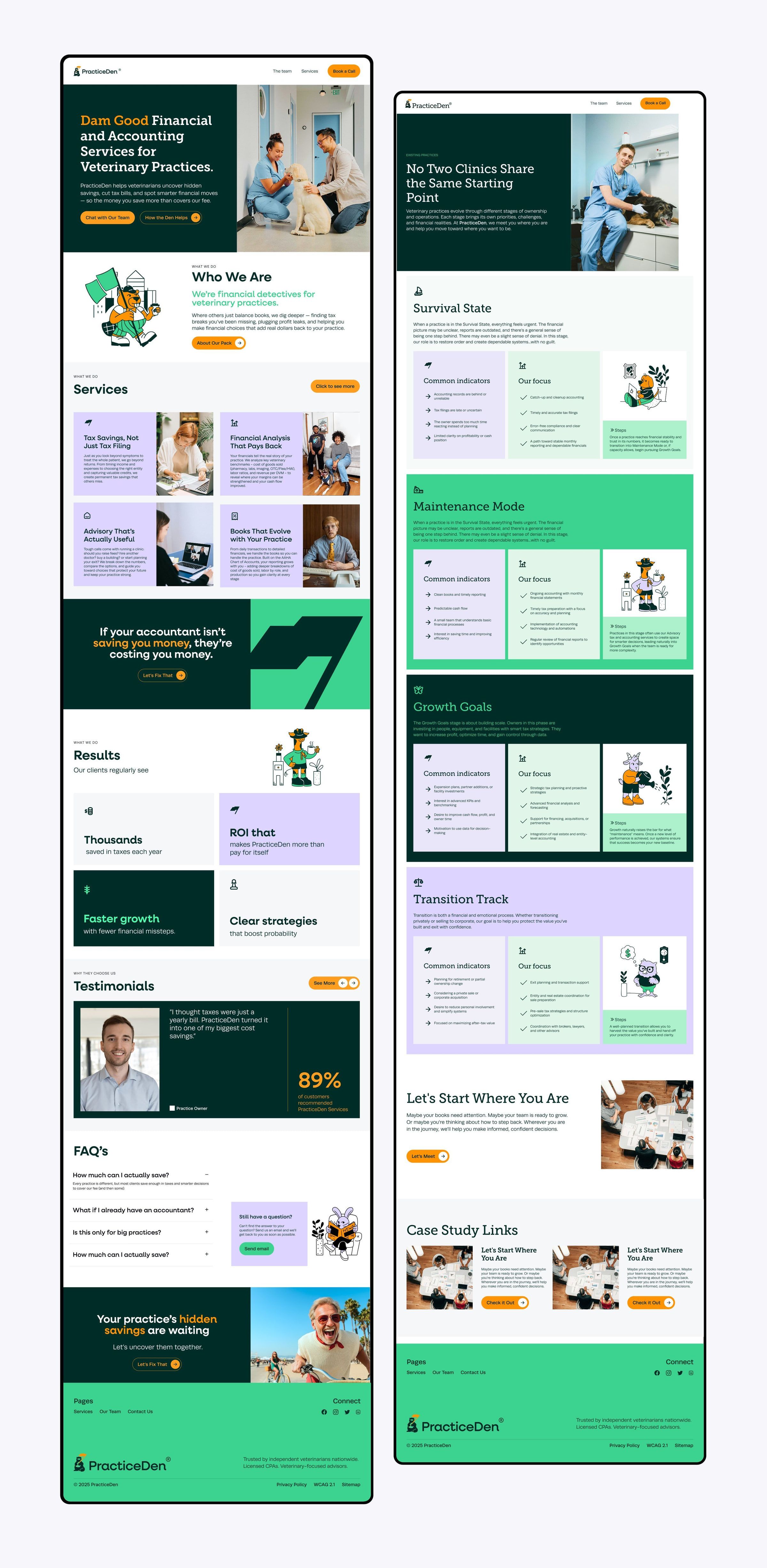 PracticeDen website pages, shown at full length