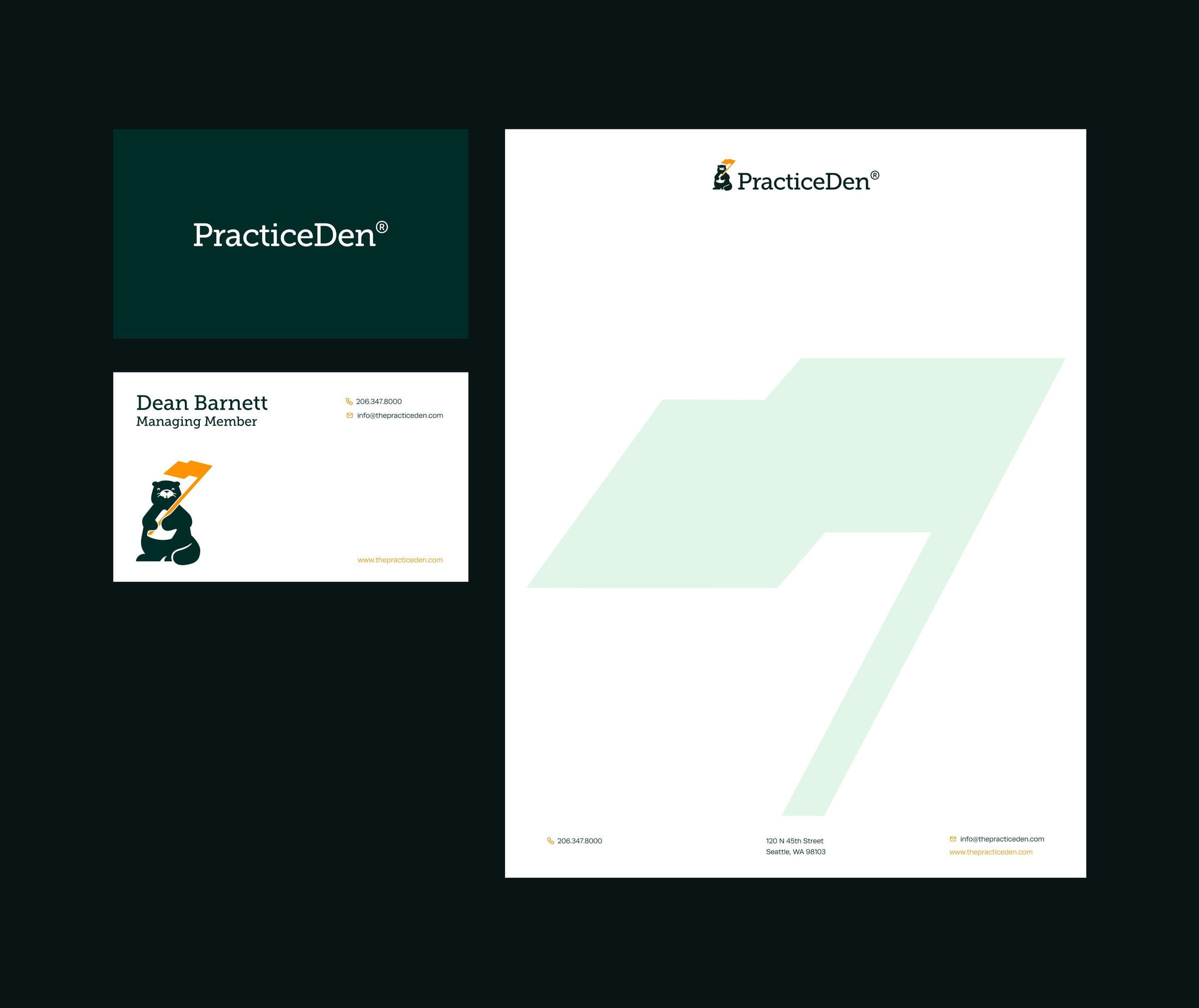 PracticeDen business card and letterhead