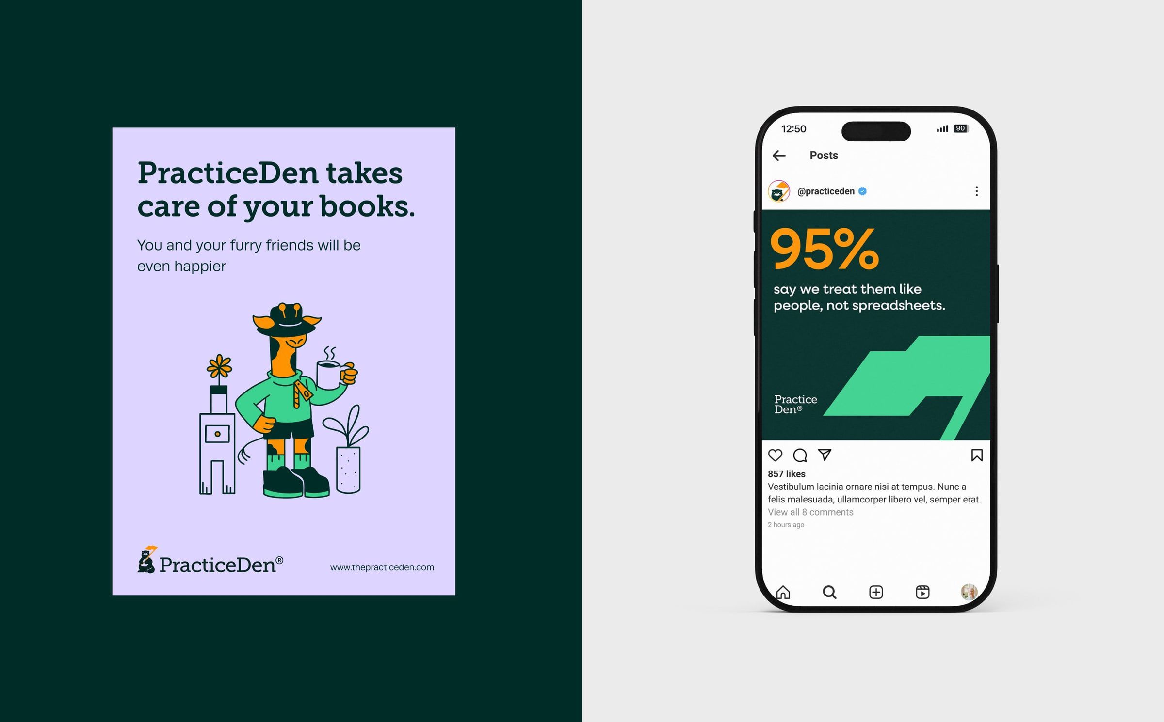 PracticeDen poster and a social post on a phone