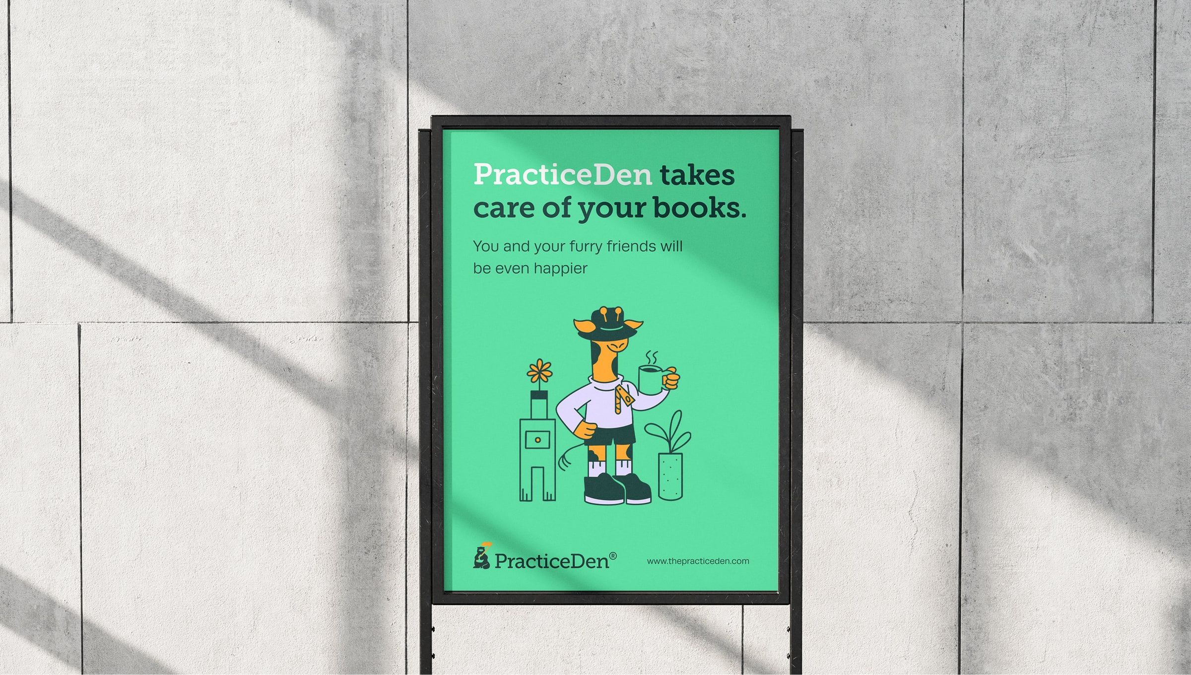 PracticeDen poster: “PracticeDen takes care of your books.”